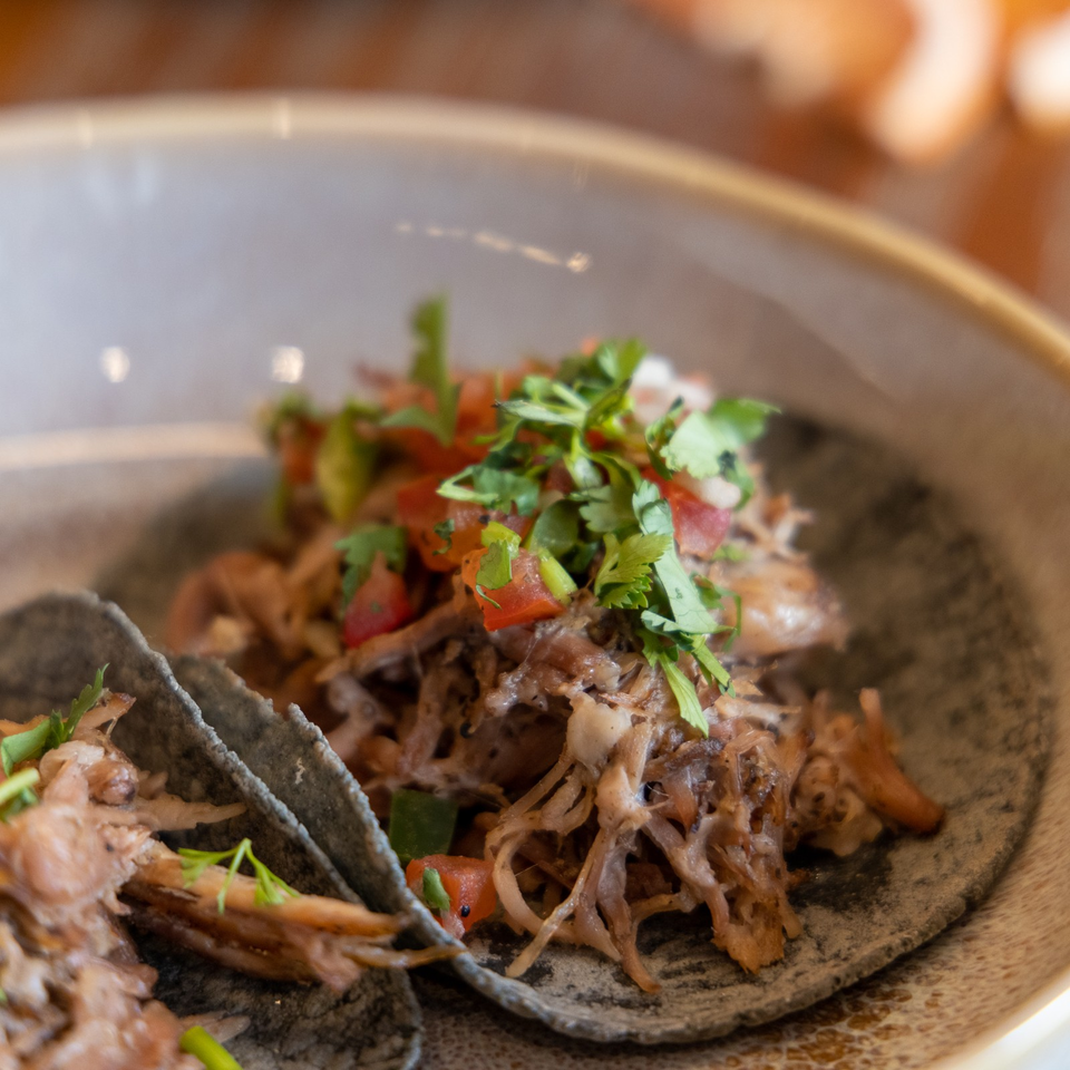 Close-up of shredded meat tacos on dark tortillas, topped with diced tomatoes, onions, and fresh cilantro.